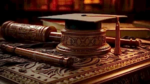 Bir kep masanın üzerinde - Akademik hukuku temsil eden resim.