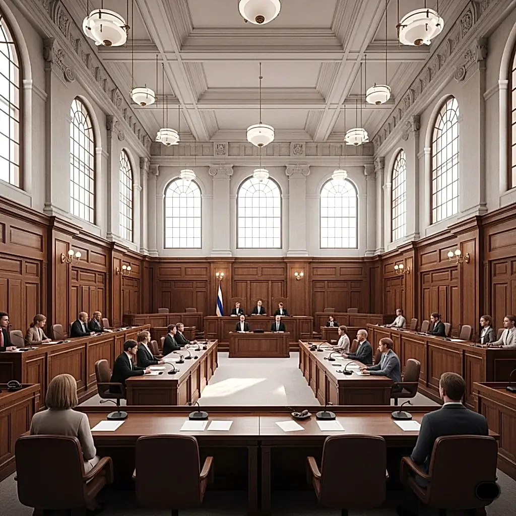Yüksek tavanlı, büyük pencereli ve ahşap panelli görkemli bir mahkeme salonunda gerçekleşen resmi bir duruşma veya hukuki toplantı.