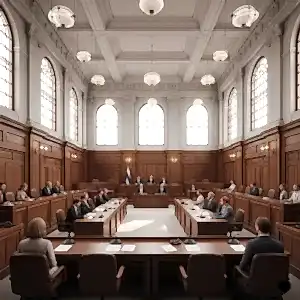 Yüksek tavanlı, büyük pencereli ve ahşap panelli görkemli bir mahkeme salonunda gerçekleşen resmi bir duruşma veya hukuki toplantı.