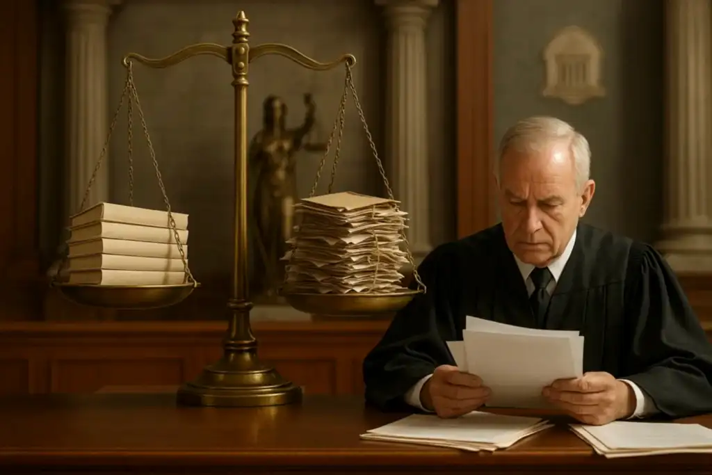 Bir mahkeme salonunda belgeleri inceleyen hâkim ve arkasında dengesiz bir adalet terazisi; bir kefede düzenli dosyalar, diğer kefede dağınık dosyalar, arka planda Adalet heykeli.