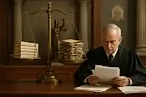 Bir mahkeme salonunda belgeleri inceleyen hâkim ve arkasında dengesiz bir adalet terazisi; bir kefede düzenli dosyalar, diğer kefede dağınık dosyalar, arka planda Adalet heykeli.