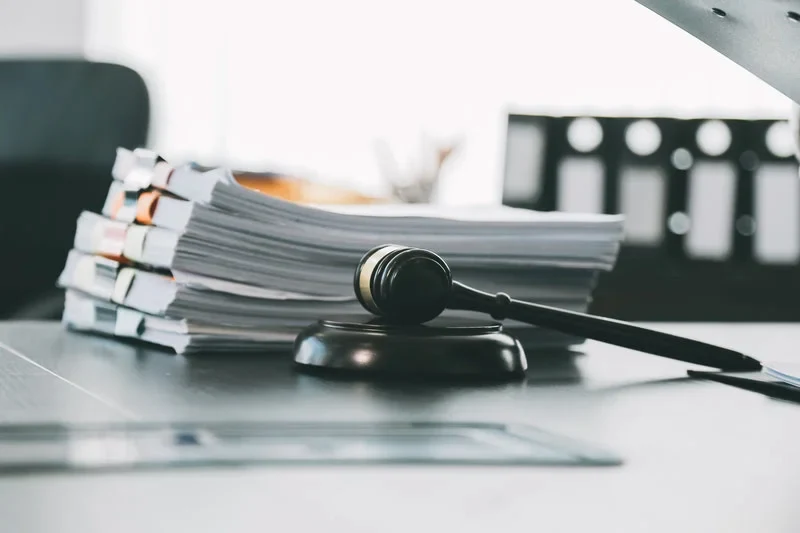 Hukuki süreçlerin yoğunluğunu, detaylı belge incelemeyi ve adalet arayışını temsil eden ofis ortamı.