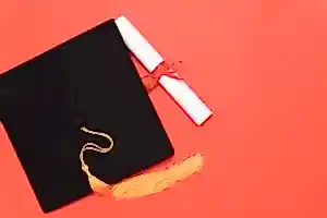 Kırmızı zemin üzerinde mezuniyet kepi ve diploma – diploma denklik davası ve akademik başvuru iptali hukuku.