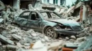 Yıkılmış binaların ve moloz yığınlarının arasında duran, ağır hasar görmüş bir araba, doğal afet hukuku ve tazminat davalarını temsil eden görsel.