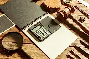 Ahşap bir masa üzerinde, hukuki muhasebeyi ve finansal davaları temsil eden bir tokmak, hesap makinesi, büyüteç ve not defteri.