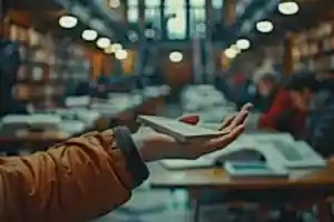 Kütüphanede elinde notlarla intihal üzerine araştırma yapan öğrenci.