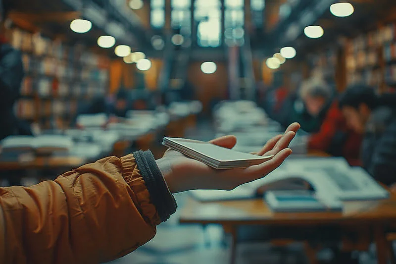 Kütüphanede elinde notlarla intihal üzerine araştırma yapan öğrenci.