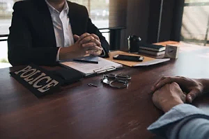 Bir polis memurunun bir şüpheliyi sorguladığı veya ifadesini aldığı anı gösteren, masada "POLICE" yazılı kol bandı ve kelepçeler bulunan görsel.