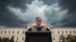 Üzgün profesör üniversite binası önünde duruyor