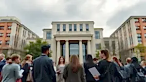 Akademisyenler resmi bina önünde endişeli bekliyor.