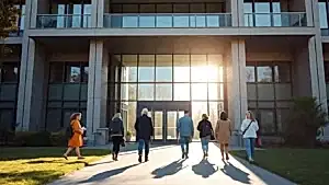 Üniversite kampüsünde yürüyen akademisyenler ve binalar.