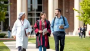 Profesör ve doçentlerin üniversite kampüsünde yürüdüğü görsel.