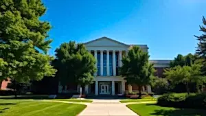 Üniversite kampüs binası ve yeşil alanlar.